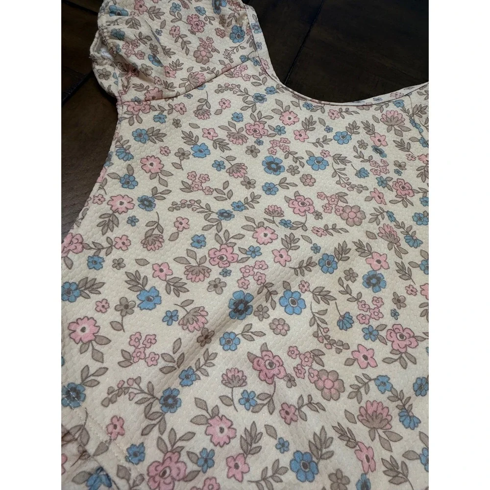 Wunderluxe Toddler Girls Floral Leotard Puff Sleeve Ruffle Bodysuit Cream 2T